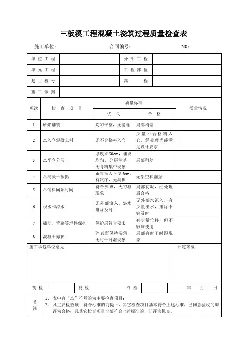 砼浇筑过程质量检查表