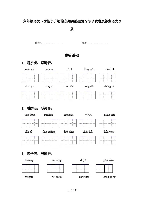六年级语文下学期小升初综合知识整理复习专项试卷及答案语文S版