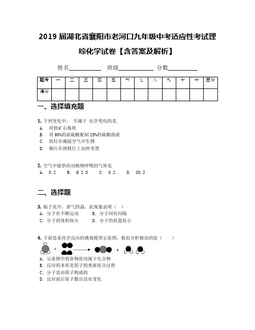 2019届湖北省襄阳市老河口九年级中考适应性考试理综化学试卷【含答案及解析】