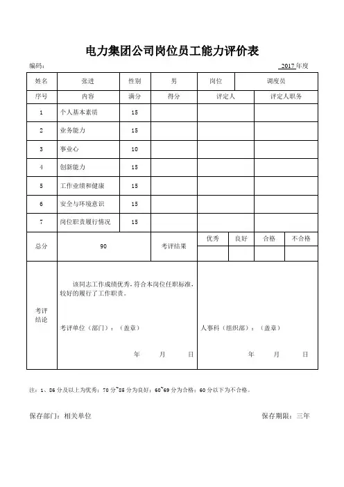 电力集团公司岗位员工能力评价表