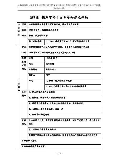 人教部编版九年级下册历史第三单元第9课列宁与十月革命和第11课苏联的社会主义建设知识点归纳