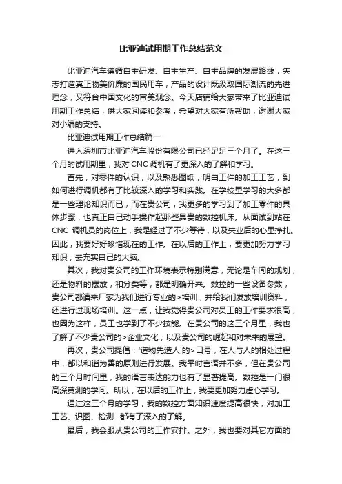 比亚迪试用期工作总结范文