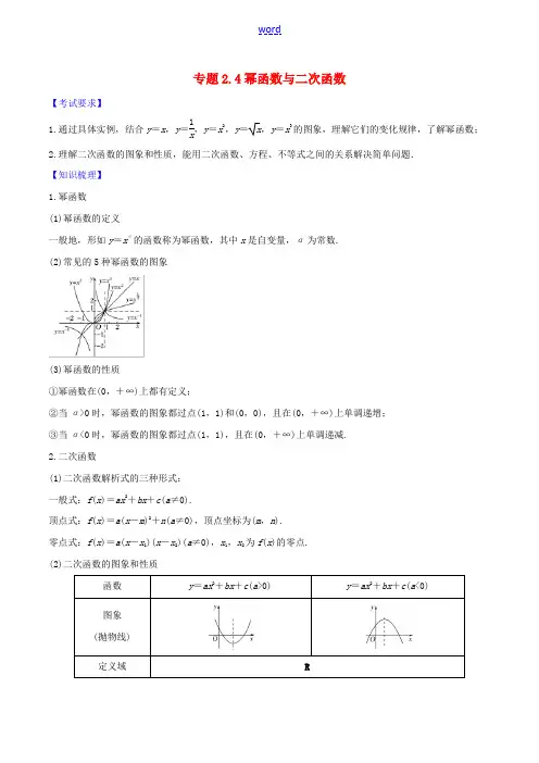 高考数学一轮复习 第二篇 函数及其性质 专题2.4 幂函数与二次函数练习(含解析)-人教版高三全册数