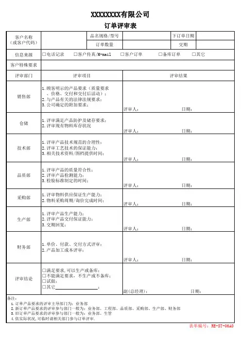 订单评审表---市场