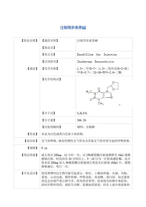 注射用多索茶碱 说明书 100mg