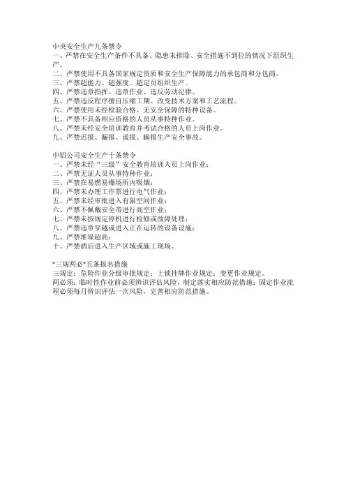 安全生产九条禁令、十条禁令