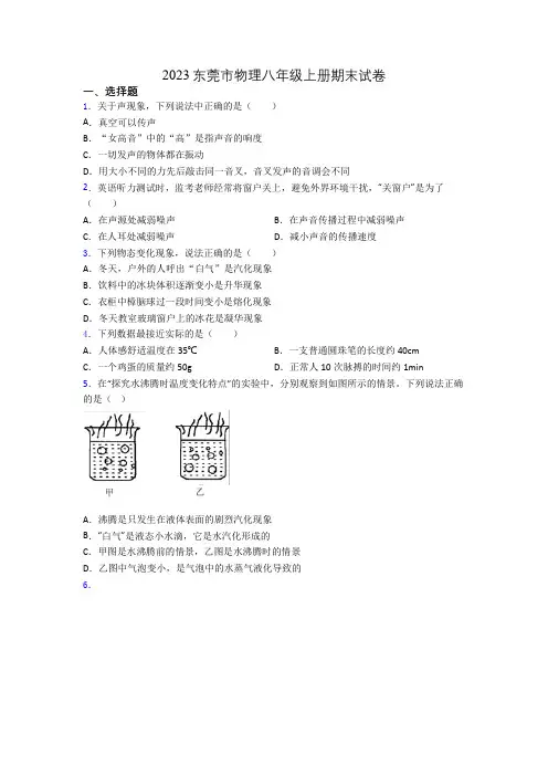 2023东莞市物理八年级上册期末试卷