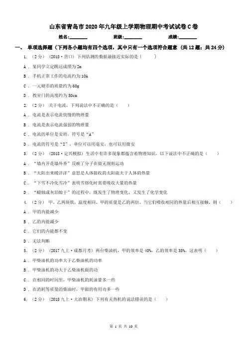 山东省青岛市2020年九年级上学期物理期中考试试卷C卷