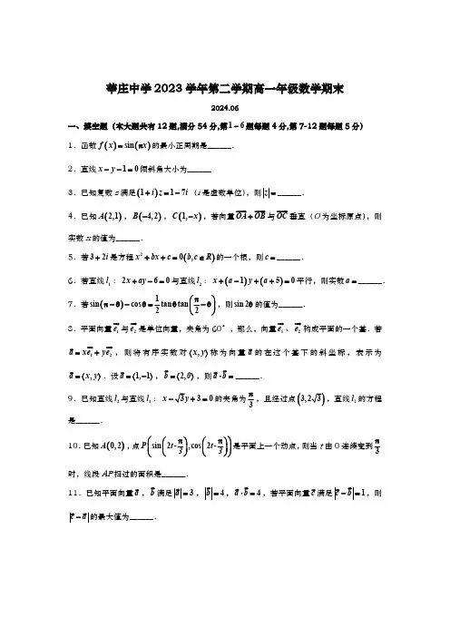 上海市莘庄中学2023-2024学年高一下学期期末考试数学试题(含答案)