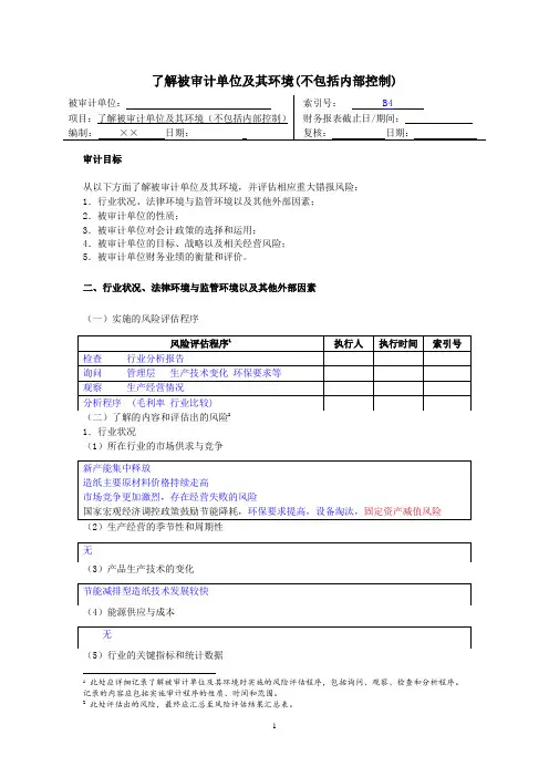 审计模拟实训教程 第4版 电子工作底稿 了解被审计单位及其环境(不包括内部控制)