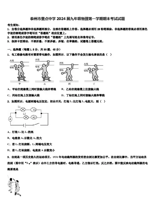 泰州市重点中学2024届九年级物理第一学期期末考试试题含解析
