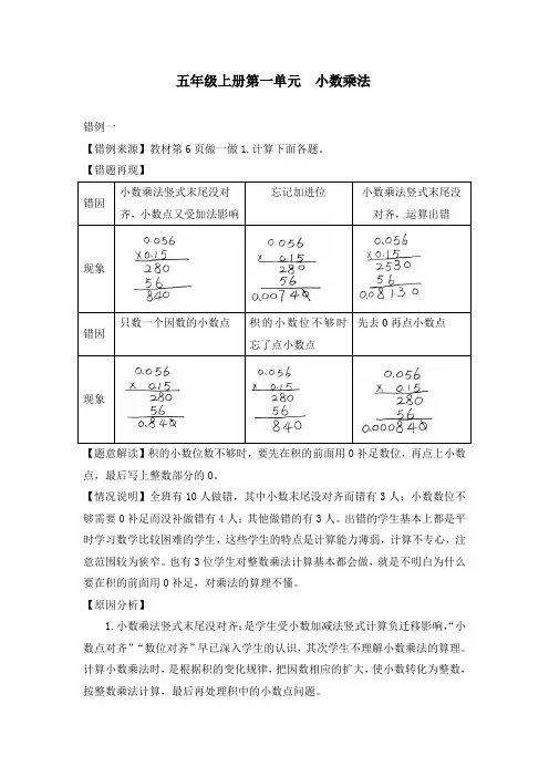 小学数学五年级上册第一单元《小数乘法》错例分析
