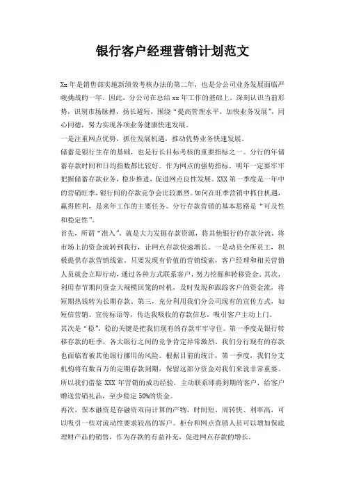 银行客户经理营销计划范文