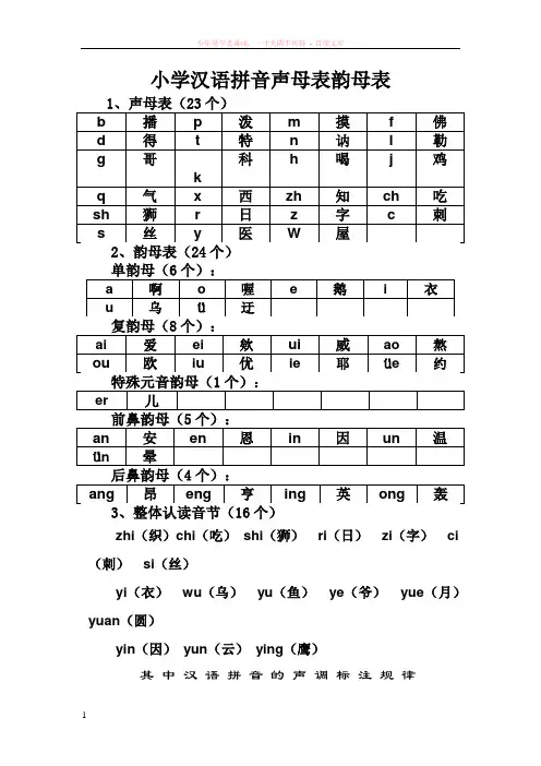 小学汉语拼音声母表、韵母表和整体认读表