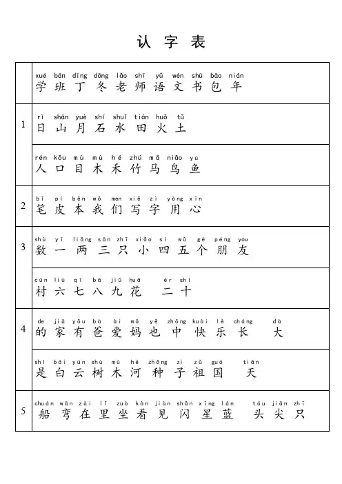 2017年人教版小学一年级语文上册(认字表)加(写字表)带拼音