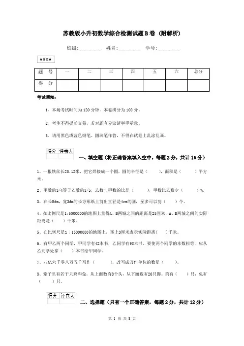 苏教版小升初数学综合检测试题B卷 (附解析)