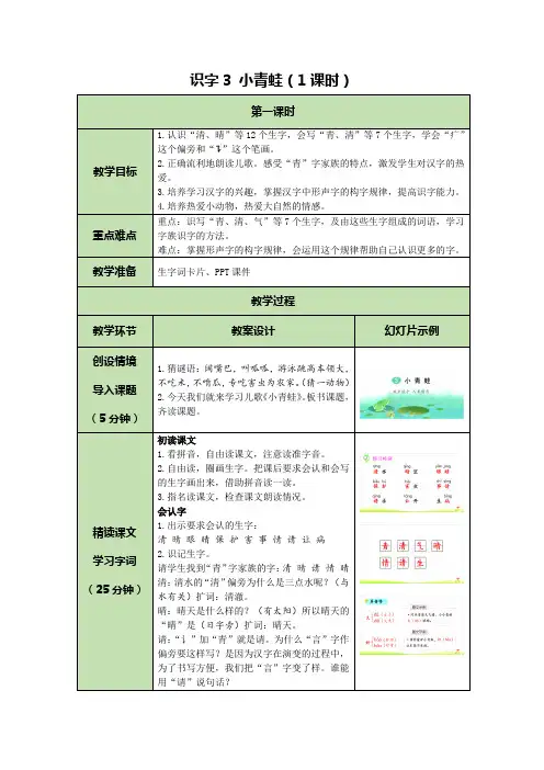识字3 小青蛙  表格式教案