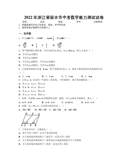 2022年浙江省丽水市中考数学能力测试试卷附解析