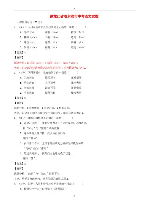 2020届黑龙江省哈尔滨市中考语文模拟试题(含解析)(已审阅)