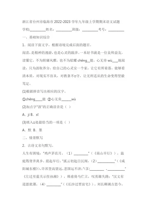 浙江省台州市临海市2022-2023学年九年级上学期期末语文试题(含答案解析)