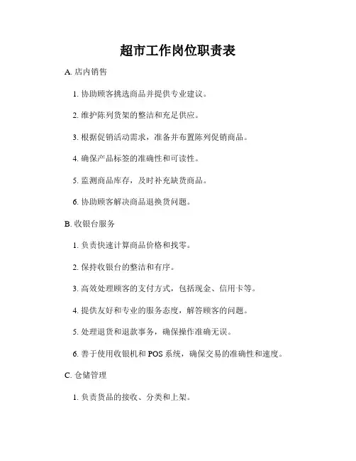 超市工作岗位职责表