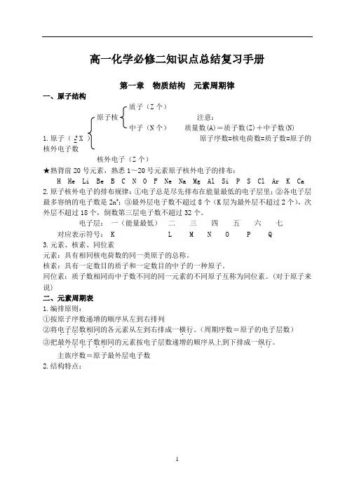 高一化学必修2知识点总结