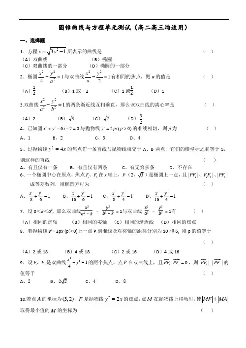 (最新)圆锥曲线单元测试题(含答案)