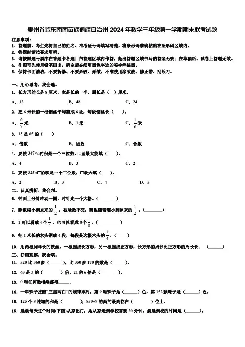 贵州省黔东南南苗族侗族自治州2024年数学三年级第一学期期末联考试题含解析