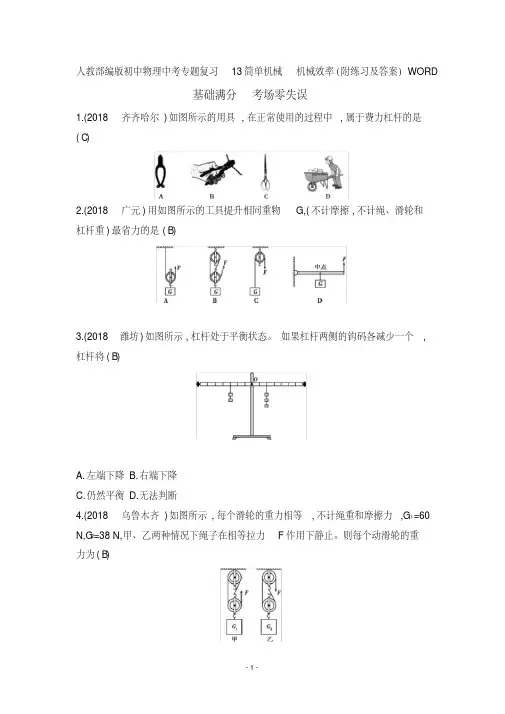 人教部编版初中物理中考专题复习13简单机械机械效率(附练习及答案)WORD