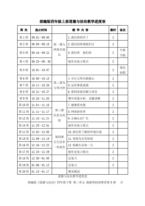 部编版四年级上册道德与法治教学进度表