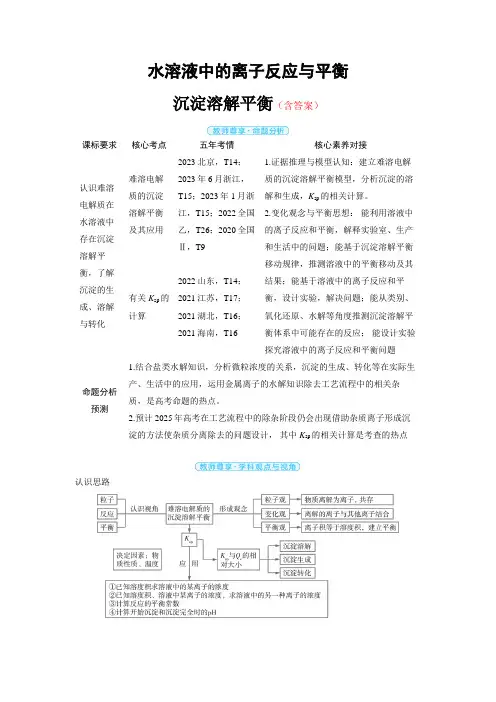 高中化学高考精品备课教案：沉淀溶解平衡