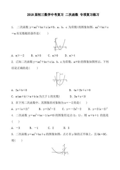 2018届初三数学中考复习 二次函数 专项复习练习 含答案