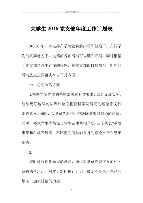 大学生北京地区党支部年度精品工作计划表