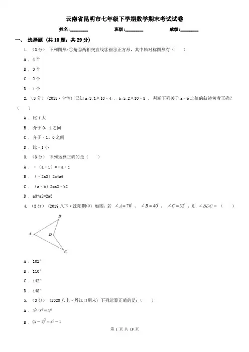 云南省昆明市七年级下学期数学期末考试试卷