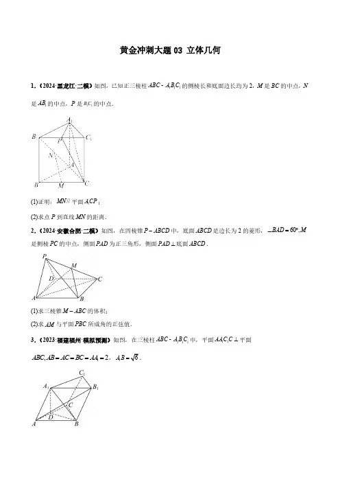 2024数学高考前冲刺题《立体几何》含答案