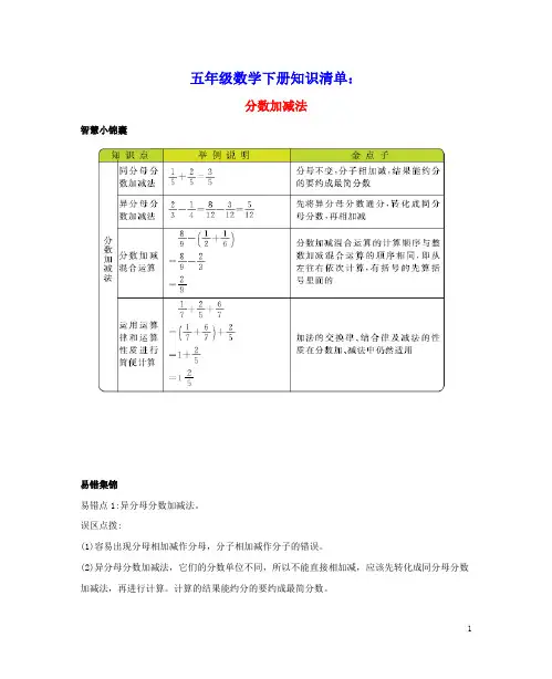五年级数学下册4分数加减法知识清单素材西师大版