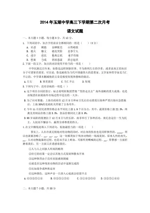 广东省玉湖中学2014届高三下学期第二次月考语文试题 Word版含答案