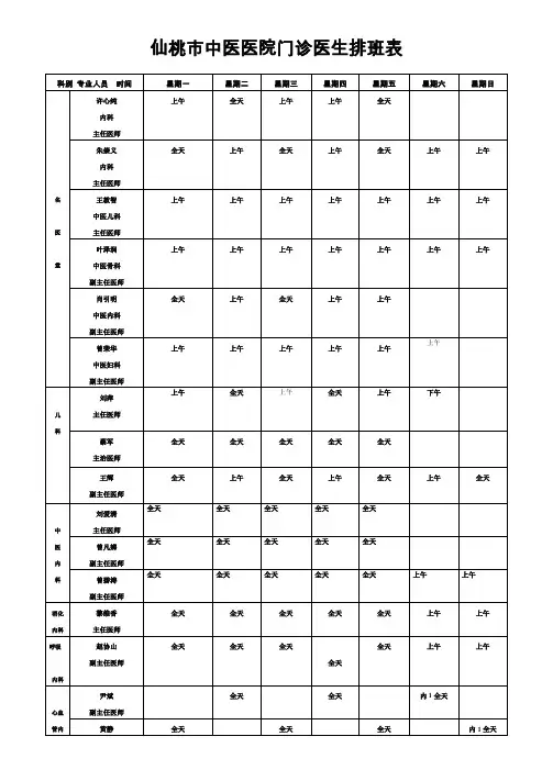 仙桃市中医医院门诊医生排班表