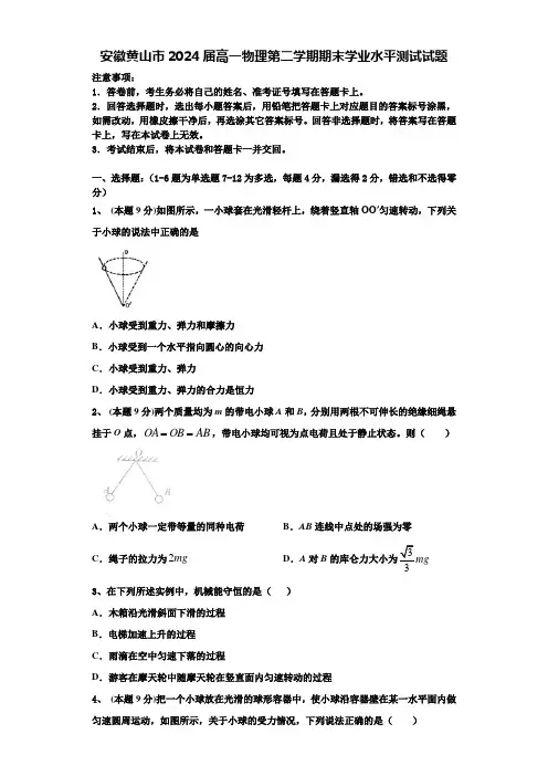 安徽黄山市2024届高一物理第二学期期末学业水平测试试题含解析