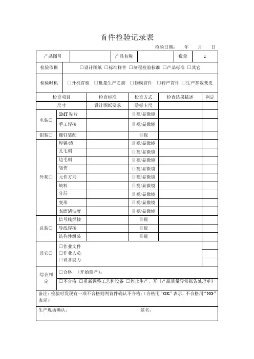 首件检验记录表模版
