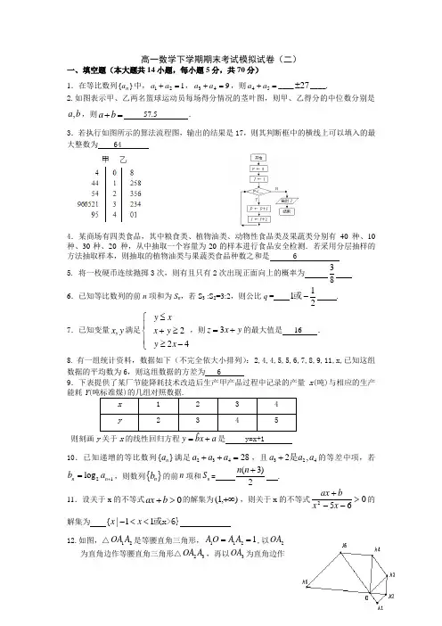 苏教版高一数学下学期期末考试模拟试卷(二)