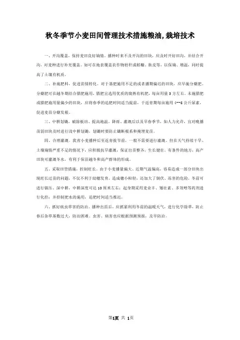秋冬季节小麦田间管理技术措施粮油,栽培技术