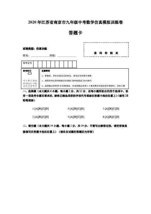 2020年江苏省南京市九年级中考数学仿真模拟训练卷  答题卡
