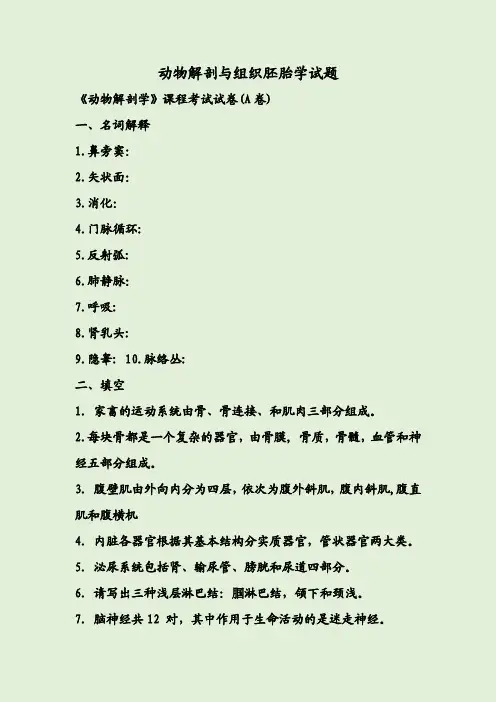 动物解剖与组织胚胎学试题及答案 