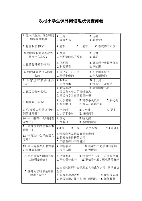 农村小学生课外阅读现状调查问卷