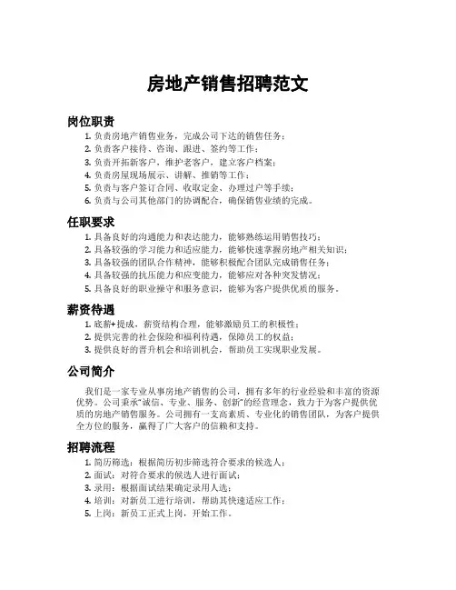 房地产销售招聘范文