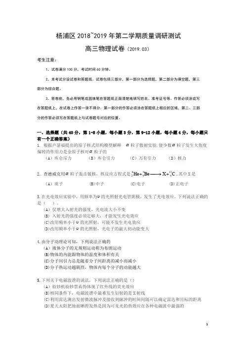 上海市杨浦区2019年高三高考二模物理试题及答案解析(word版)