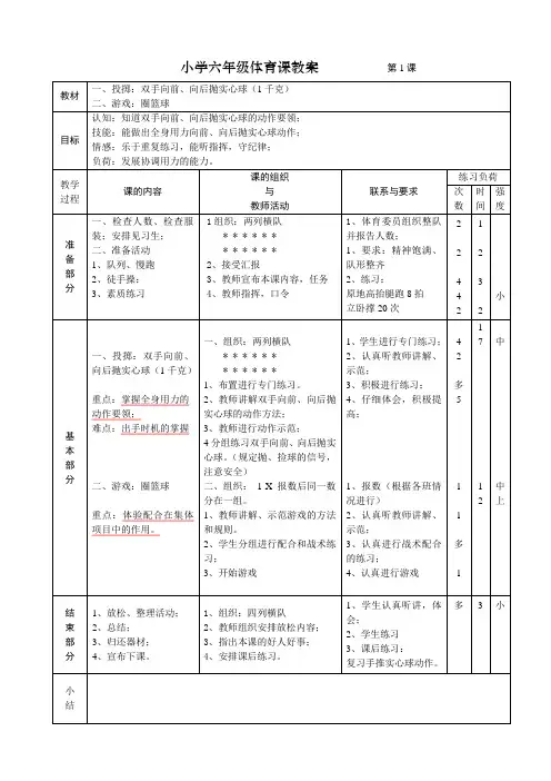 小学六年级体育课教案 2