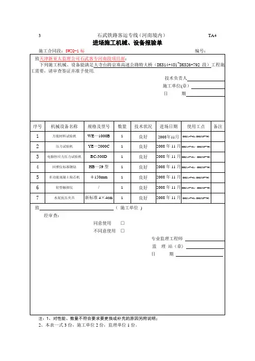 进场施工机械、设备报验单