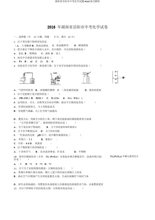 湖南省岳阳市中考化学试题word版含解析